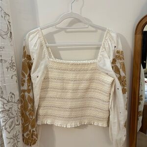 Anthropologie Cream Blouse with Brown Embroidery